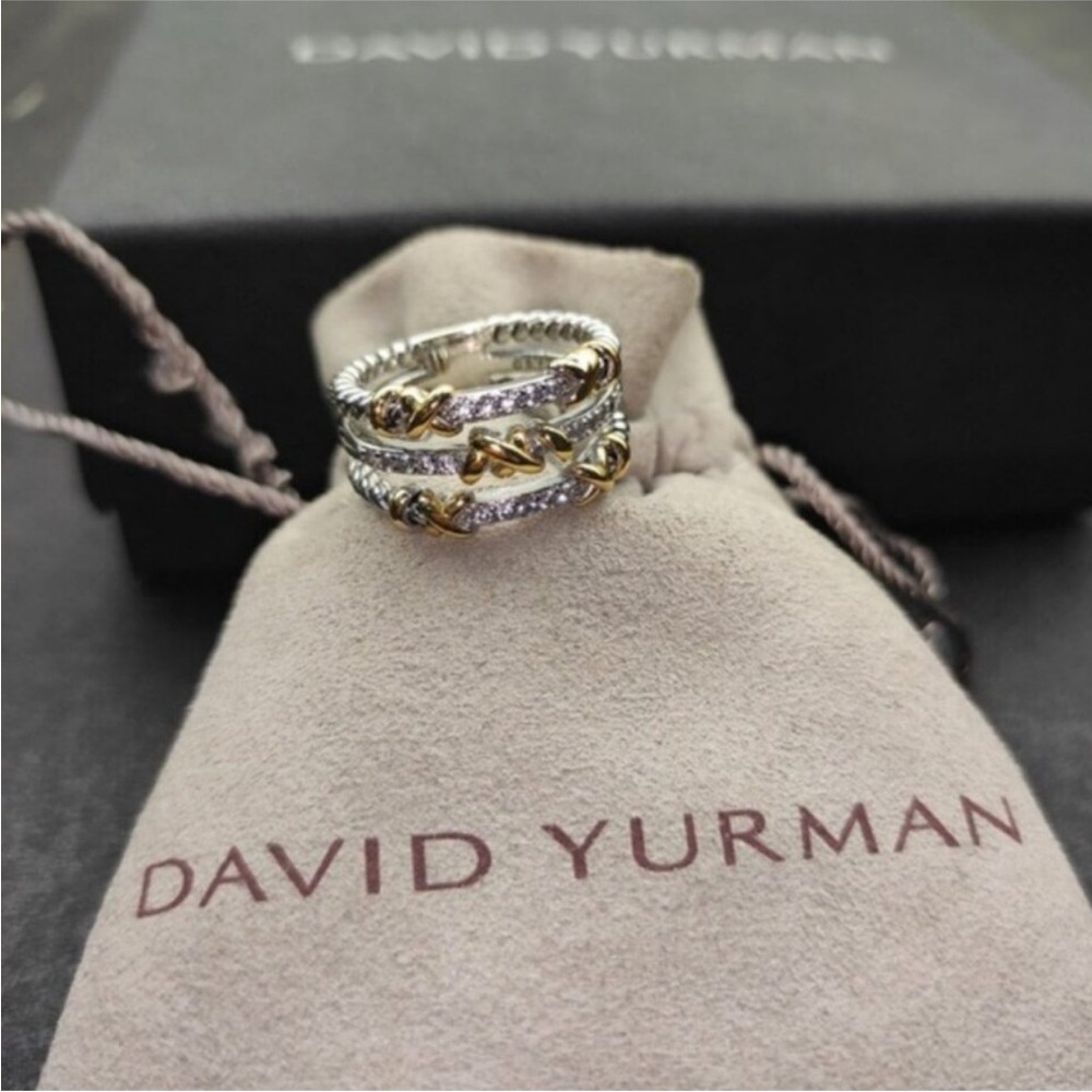 David Yurman Two-Tone Diamond Cable Stackable Ring - Silver & Gold  sz8